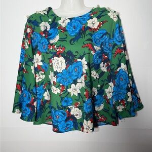 Zara Floral Green & Blue Women's Top Blouse With Pearl Buttons & Flowy Sleeves